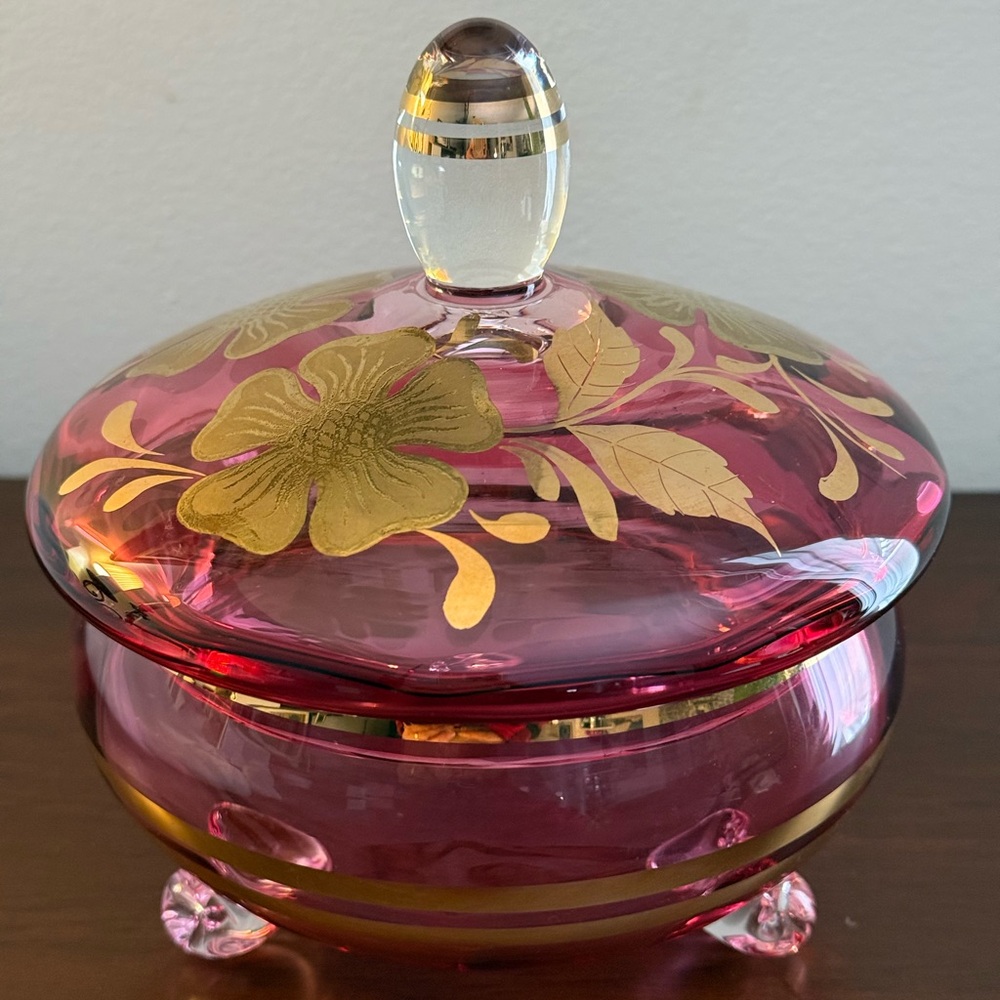 Beautiful Bohemian lidded cranberry candy dish